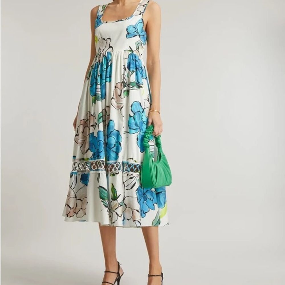 Aje Erika Blue and White Midi Sundress with Square Neck US Size 4, Aus Size 8